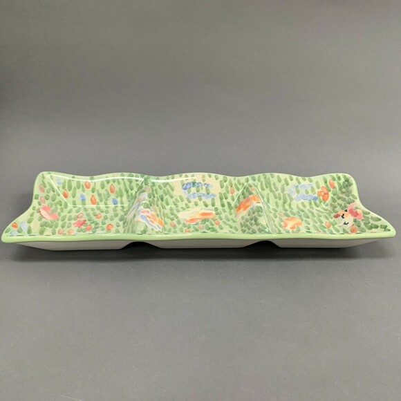 WCL Green Divided 3 Serving Dish Tray Plate 19 1/4 x 7 x 2 Floral Rectangle - Picture 1 of 7